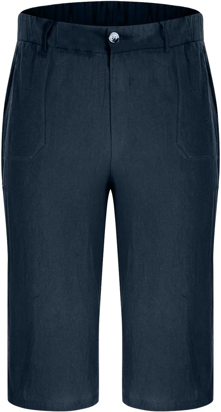 Mens Cropped Linen Pants with Button Closure Relaxed Fit Casual Beachwear Pants for Men Summer Style