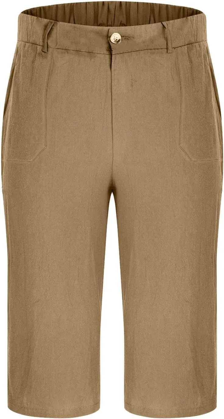 Mens Cropped Linen Pants with Button Closure Relaxed Fit Casual Beachwear Pants for Men Summer Style