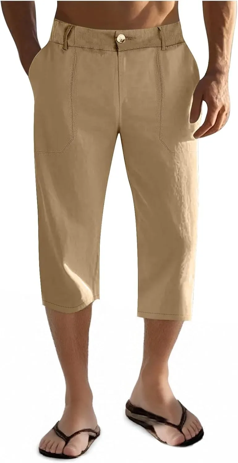 Mens Cropped Linen Pants with Button Closure Relaxed Fit Casual Beachwear Pants for Men Summer Style