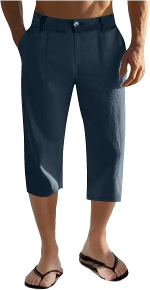 Mens Cropped Linen Pants with Button Closure Relaxed Fit Casual Beachwear Pants for Men Summer Style