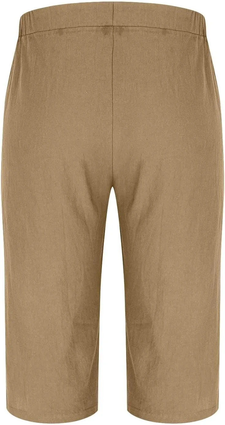 Mens Cropped Linen Pants with Button Closure Relaxed Fit Casual Beachwear Pants for Men Summer Style