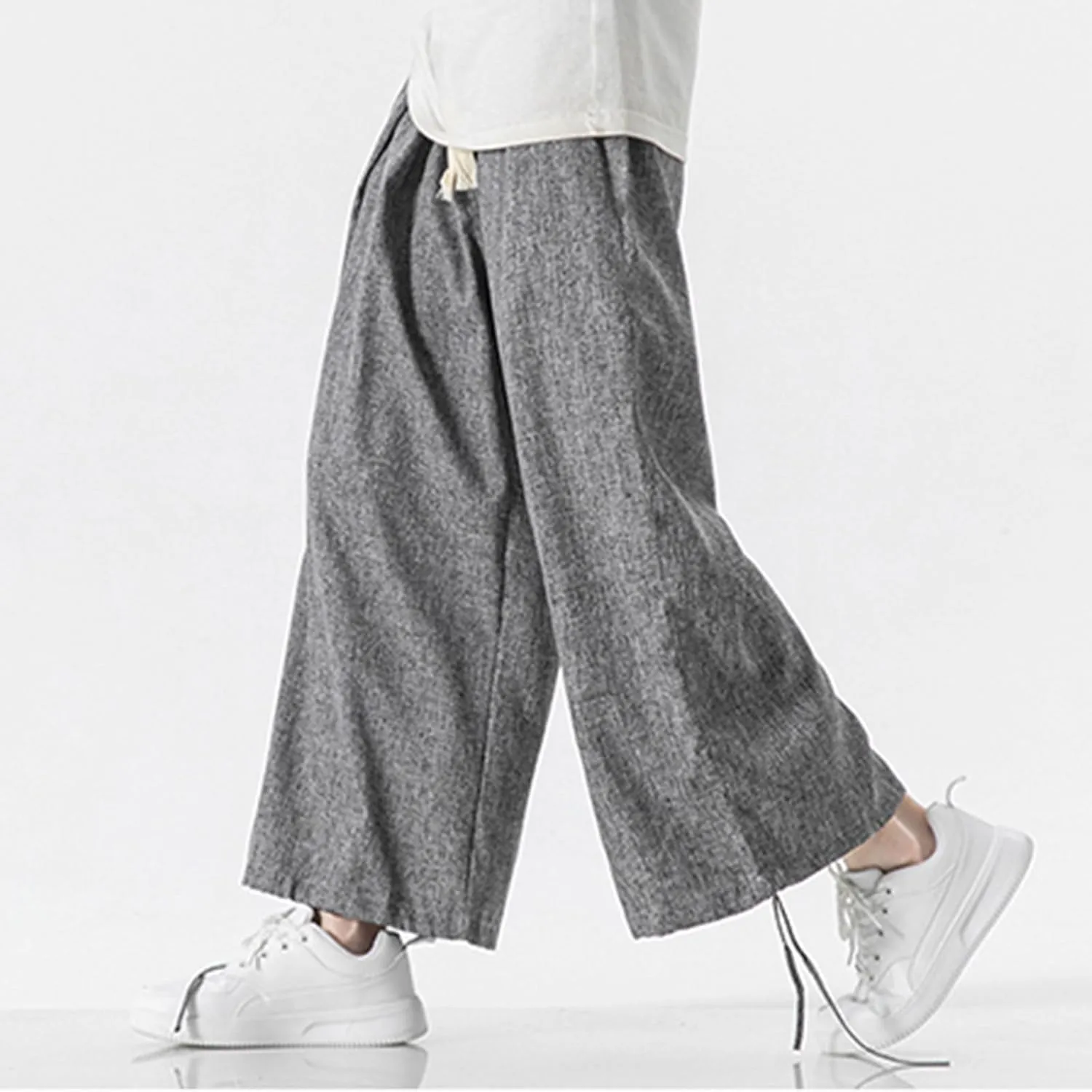Men's Pants Casual Relaxed Fit Cotton Linen Pants Wide Leg Drawstring Adjustable Cinch Bottom Lounge Summer Trousers