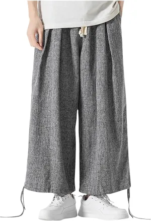 Men's Pants Casual Relaxed Fit Cotton Linen Pants Wide Leg Drawstring Adjustable Cinch Bottom Lounge Summer Trousers