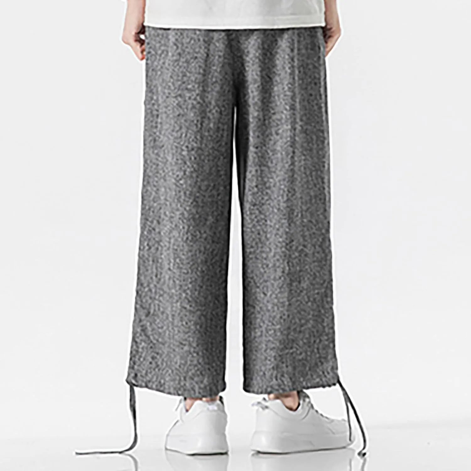 Men's Pants Casual Relaxed Fit Cotton Linen Pants Wide Leg Drawstring Adjustable Cinch Bottom Lounge Summer Trousers