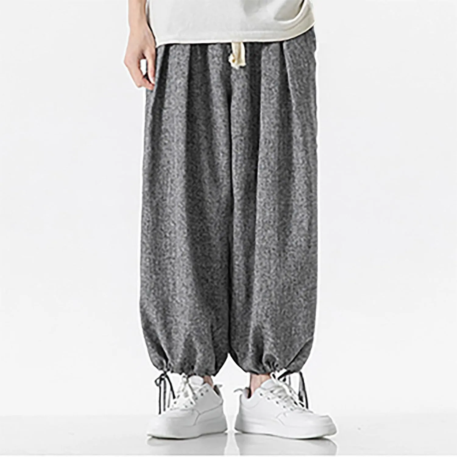 Men's Pants Casual Relaxed Fit Cotton Linen Pants Wide Leg Drawstring Adjustable Cinch Bottom Lounge Summer Trousers