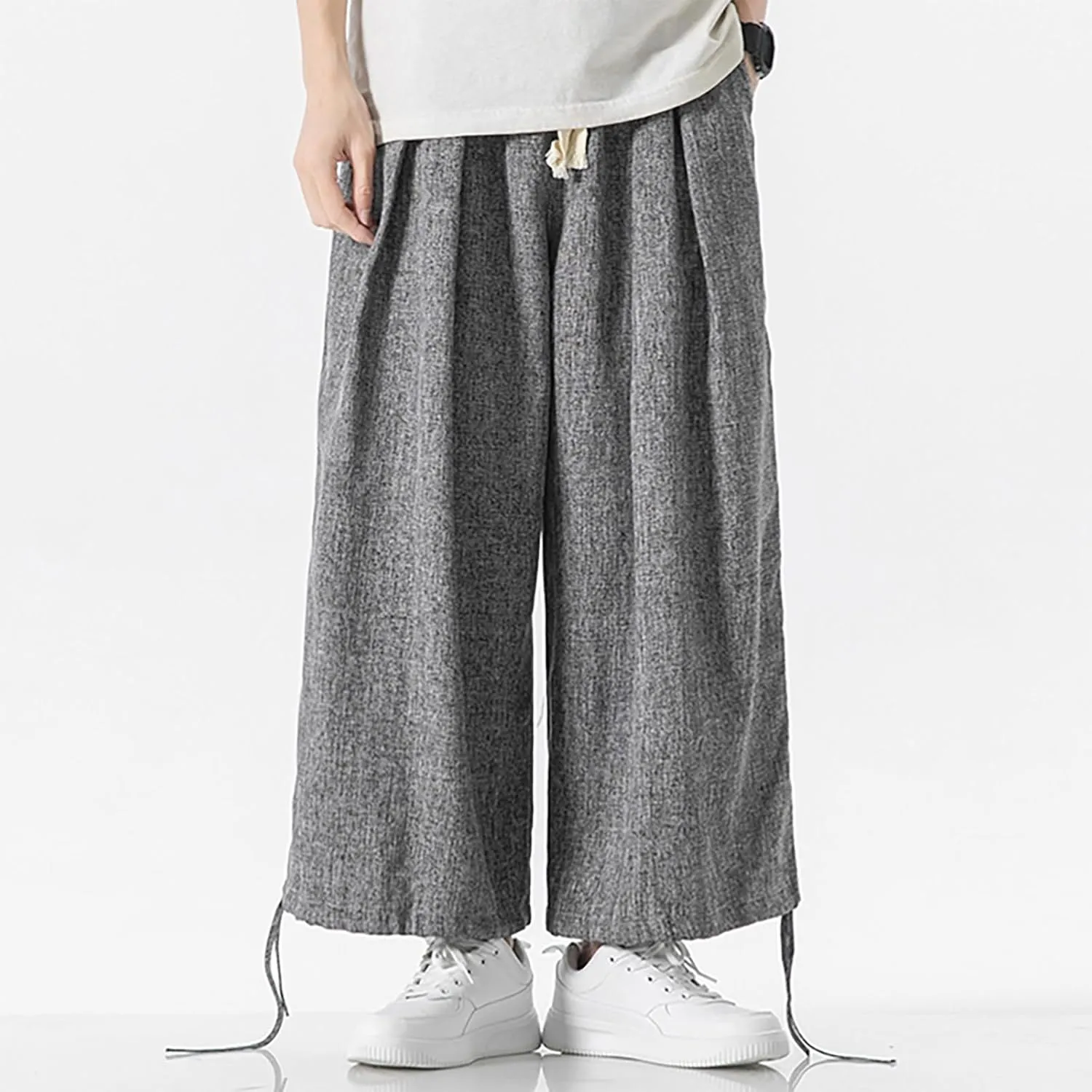 Men's Pants Casual Relaxed Fit Cotton Linen Pants Wide Leg Drawstring Adjustable Cinch Bottom Lounge Summer Trousers
