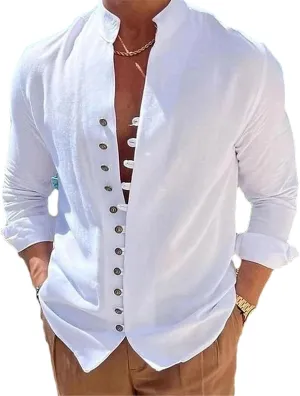 Men's Summer Casual Cotton Linen Long Sleeve Shirts Stand-Up Collar Single Breasted Slim Shirts Tops Camisas Male