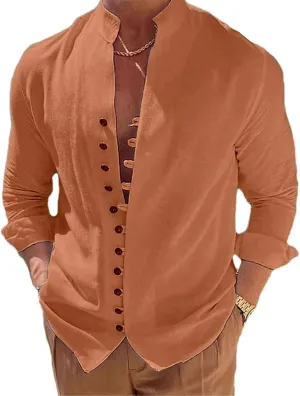 Men's Summer Casual Cotton Linen Long Sleeve Shirts Stand-Up Collar Single Breasted Slim Shirts Tops Camisas Male