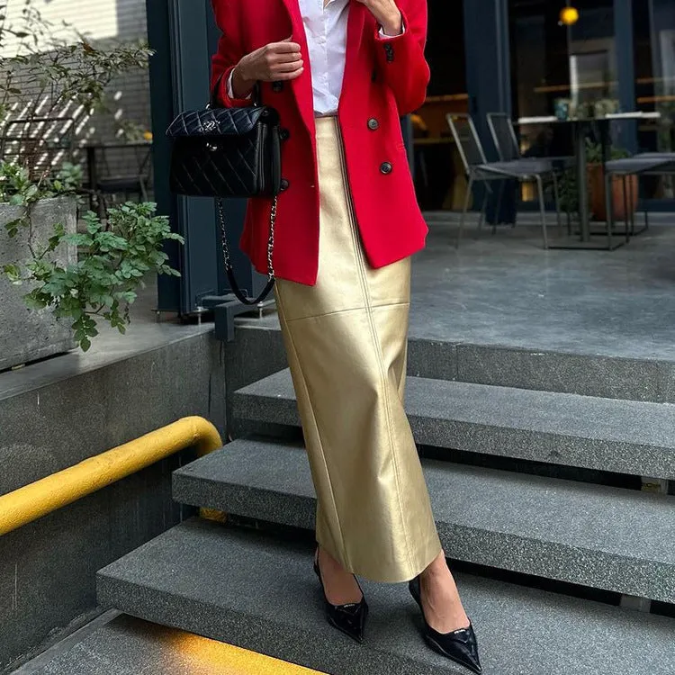 Metallic Faux Leather Sheath Skirt