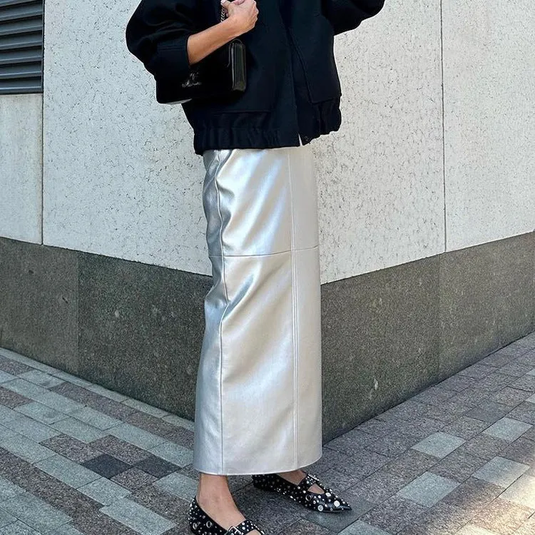 Metallic Faux Leather Sheath Skirt