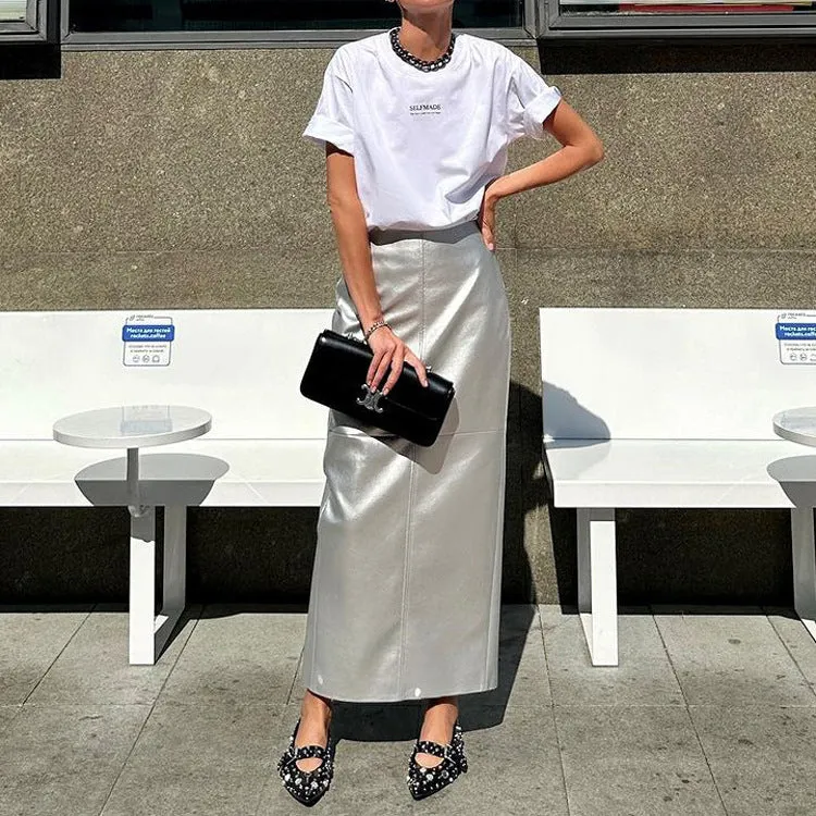 Metallic Faux Leather Sheath Skirt