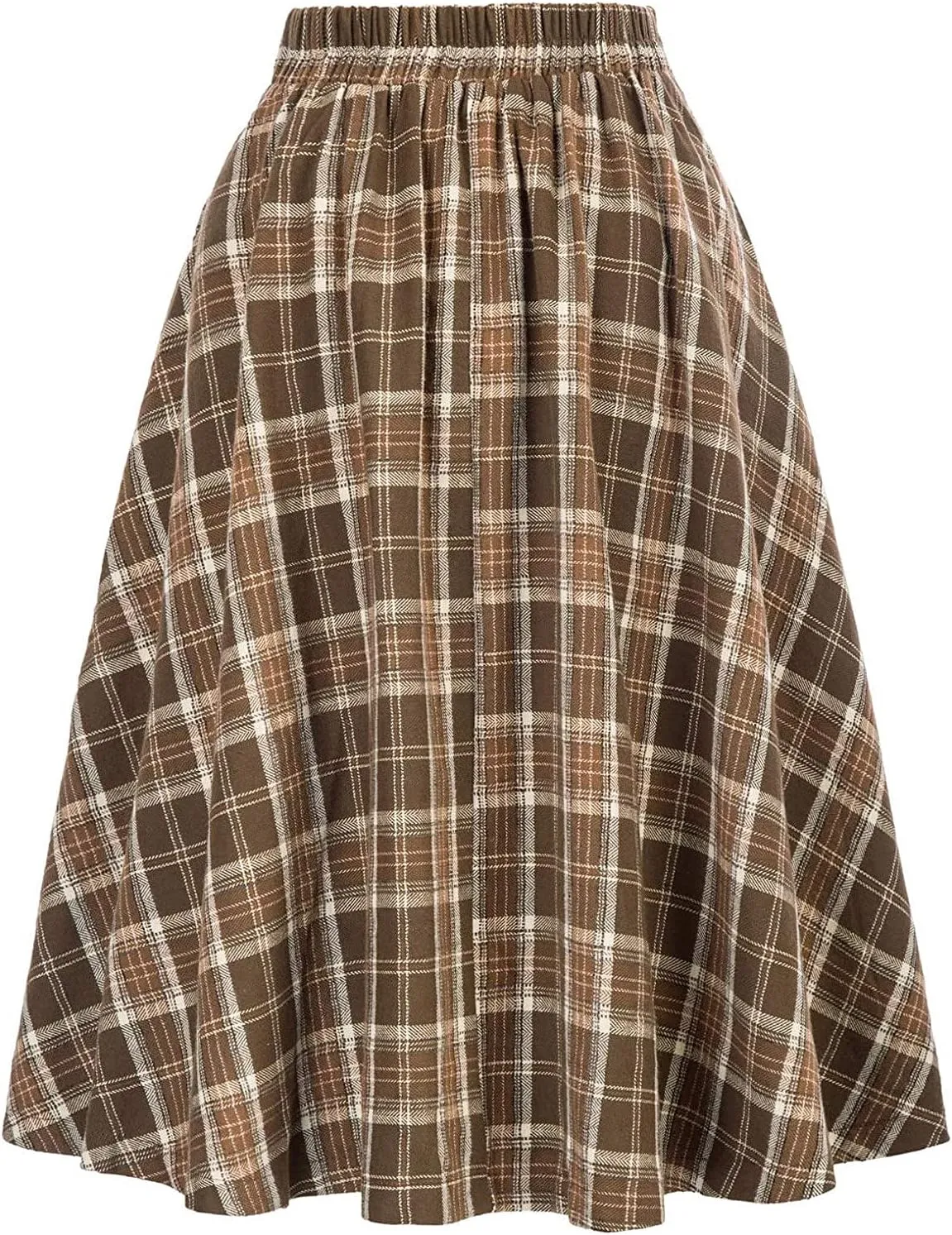 Midi Plaid Skirt for Womens 2024 Fashion Casual Elastic High Waist A-Line Flared Pleated Flowy Tartan Skirts