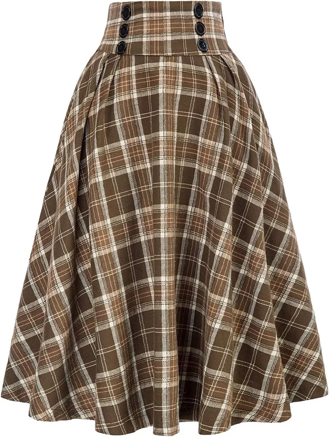 Midi Plaid Skirt for Womens 2024 Fashion Casual Elastic High Waist A-Line Flared Pleated Flowy Tartan Skirts