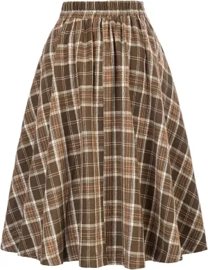 Midi Plaid Skirt for Womens 2024 Fashion Casual Elastic High Waist A-Line Flared Pleated Flowy Tartan Skirts