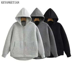 New Fashion Women's Zipper Hoodie Unisex Double Pockets Oversized Loose Sweatshirt Outerwear Top