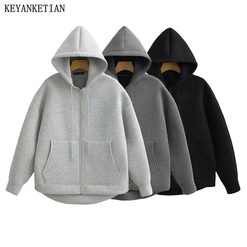 New Fashion Women's Zipper Hoodie Unisex Double Pockets Oversized Loose Sweatshirt Outerwear Top