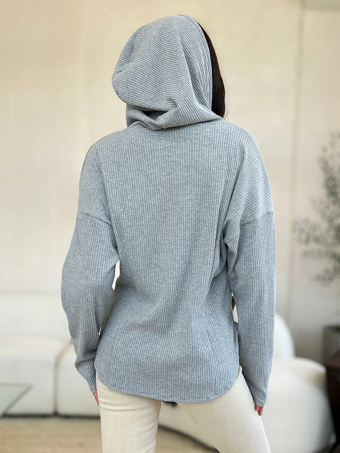 NicholesGifts Women Culture Code Full Size Ribbed Zip Up Drawstring Hooded Jacket