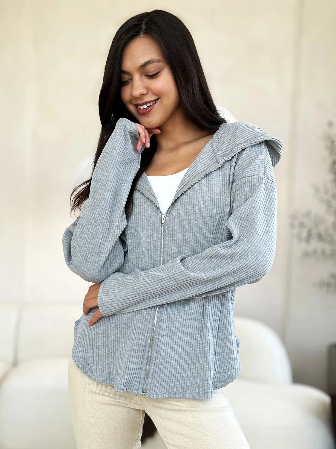 NicholesGifts Women Culture Code Full Size Ribbed Zip Up Drawstring Hooded Jacket