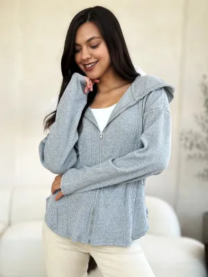 NicholesGifts Women Culture Code Full Size Ribbed Zip Up Drawstring Hooded Jacket