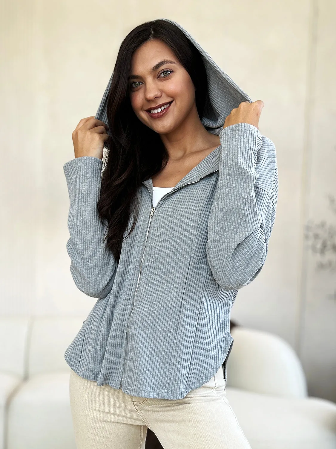 NicholesGifts Women Culture Code Full Size Ribbed Zip Up Drawstring Hooded Jacket