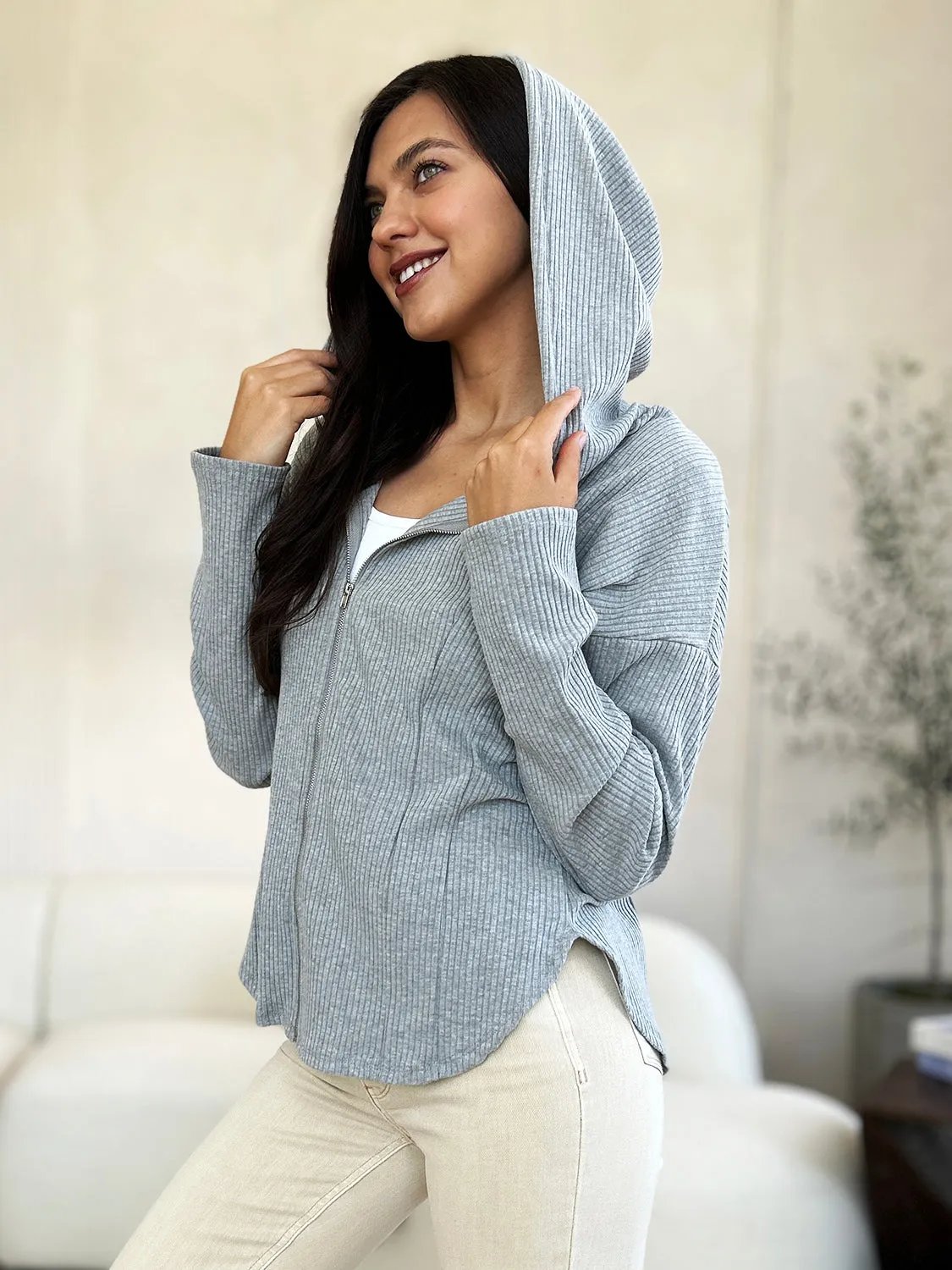 NicholesGifts Women Culture Code Full Size Ribbed Zip Up Drawstring Hooded Jacket