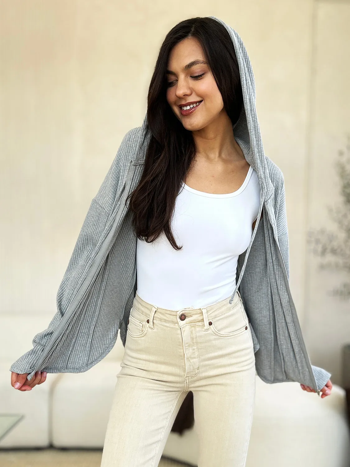 NicholesGifts Women Culture Code Full Size Ribbed Zip Up Drawstring Hooded Jacket