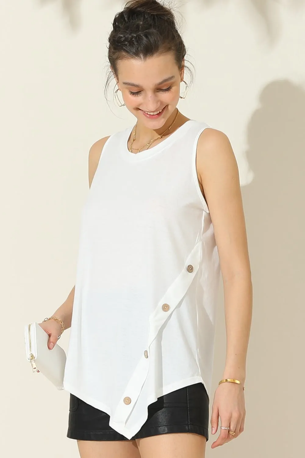 Ninexis Round Neck Button Side Tank - 3 Colors