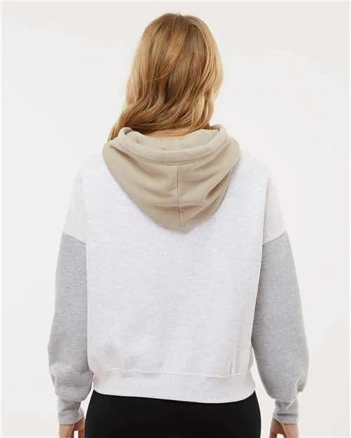 OUTLET-MV Sport Ladies Sueded Fleece Colorblocked Crop Hooded Sweatshirt