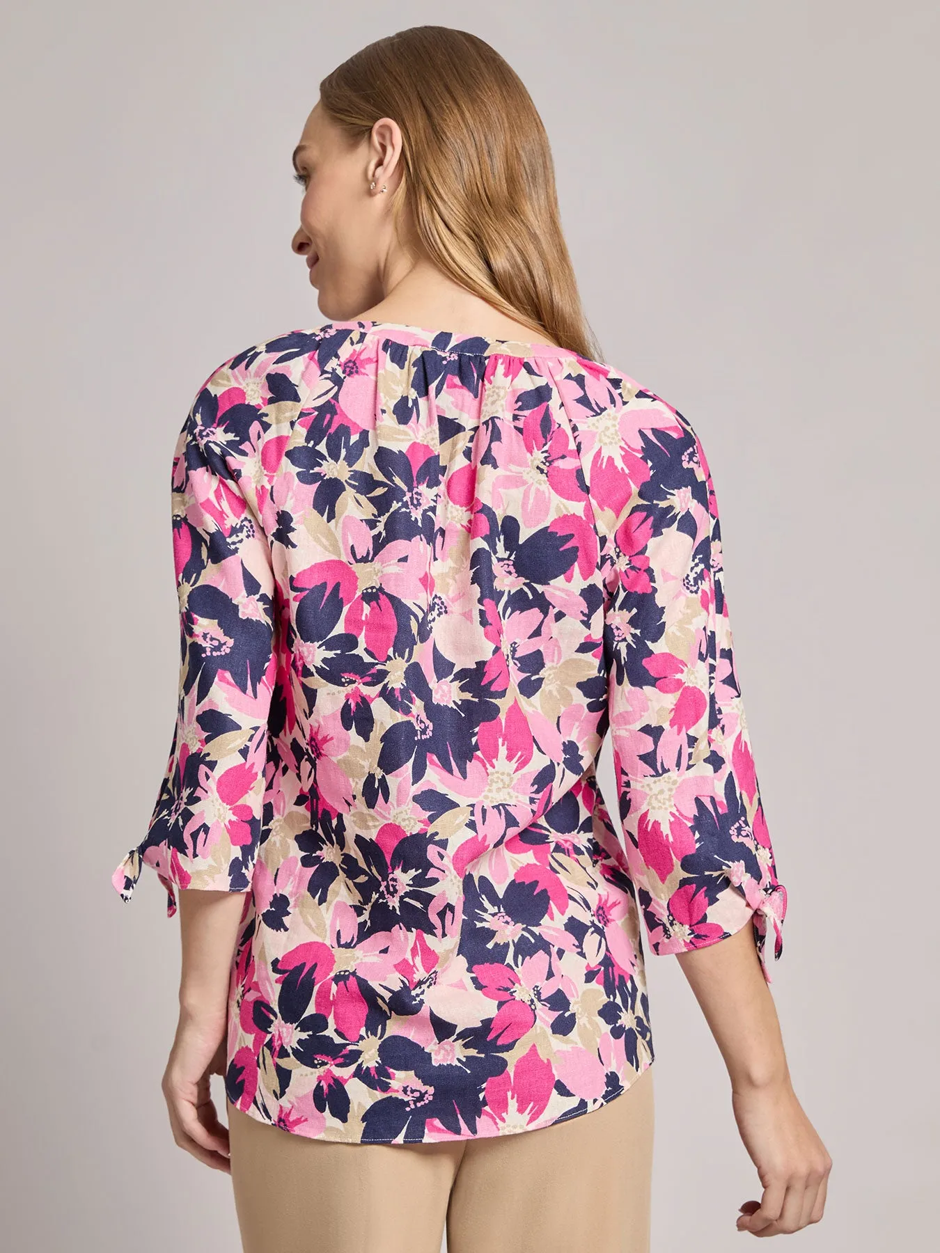 Plus V-Neck Print Tie-Sleeve Blouse, Linen Blend