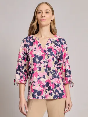 Plus V-Neck Print Tie-Sleeve Blouse, Linen Blend