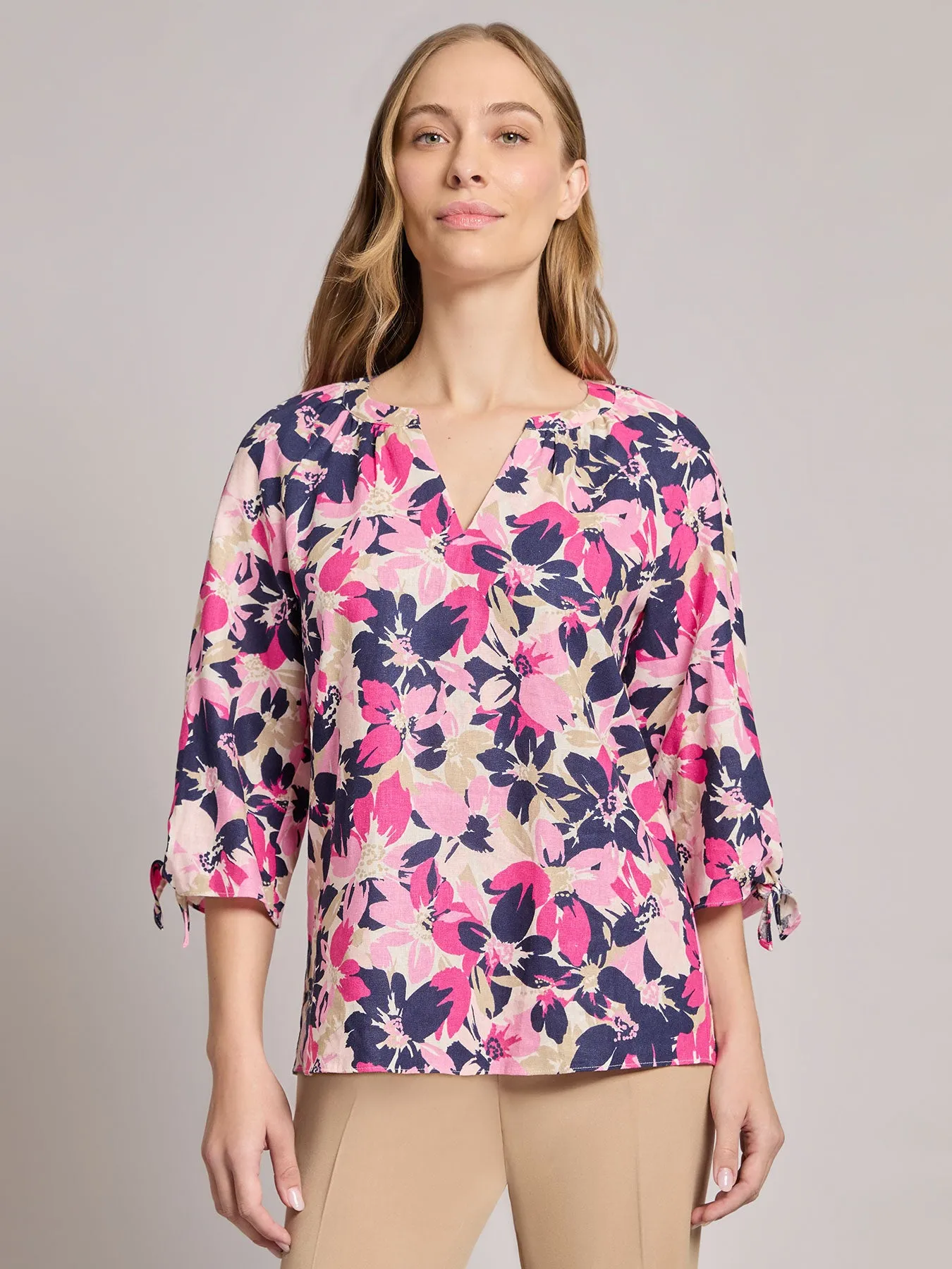 Plus V-Neck Print Tie-Sleeve Blouse, Linen Blend