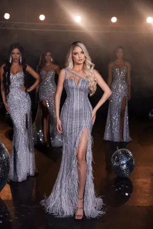 PORTIA & SCARLETT PS23965 Captivating One-Shoulder Gown with Feathered Hemline