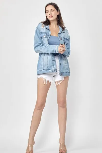 RISEN Full Size Distressed Long Sleeve Denim Jacket Plus Size