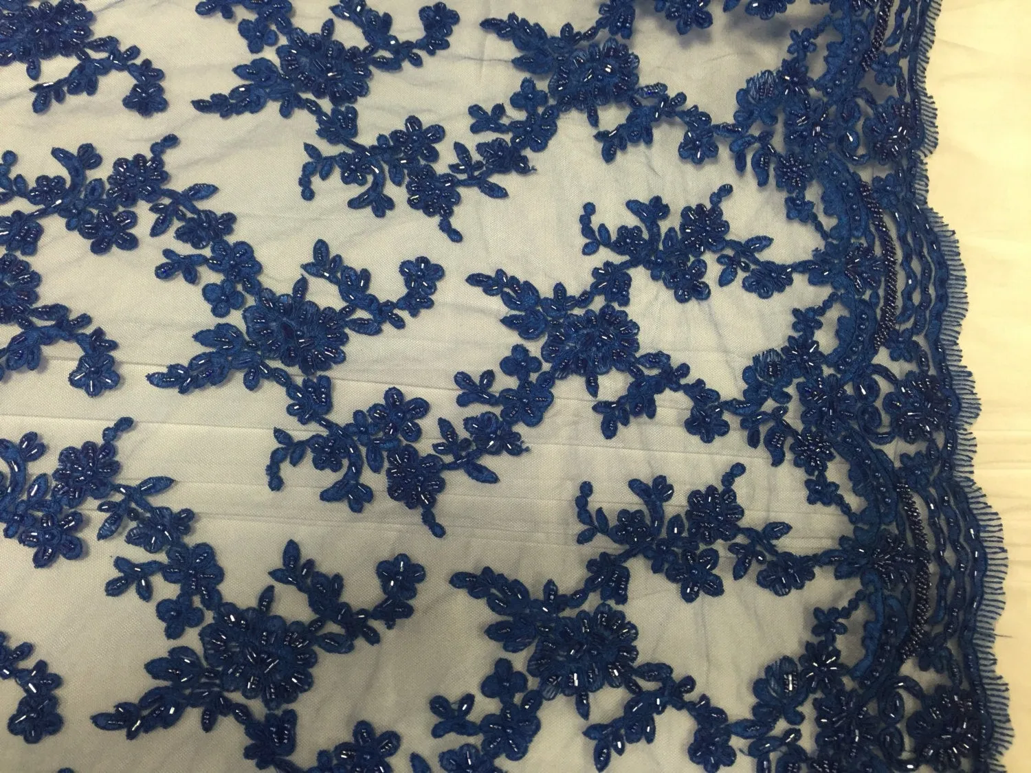 Royal blue flower tiara design embroider and beaded on a mesh lace-prom-nightgown-decorations-dresses-Sold by the yard.