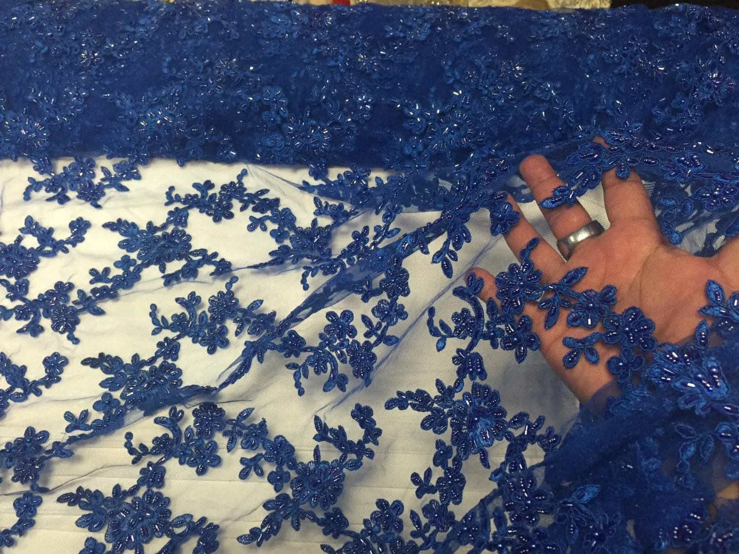 Royal blue flower tiara design embroider and beaded on a mesh lace-prom-nightgown-decorations-dresses-Sold by the yard.