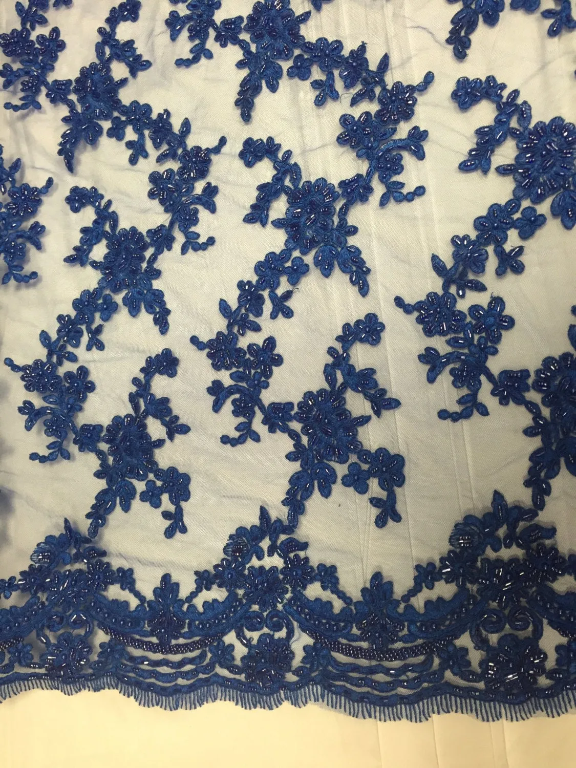 Royal blue flower tiara design embroider and beaded on a mesh lace-prom-nightgown-decorations-dresses-Sold by the yard.