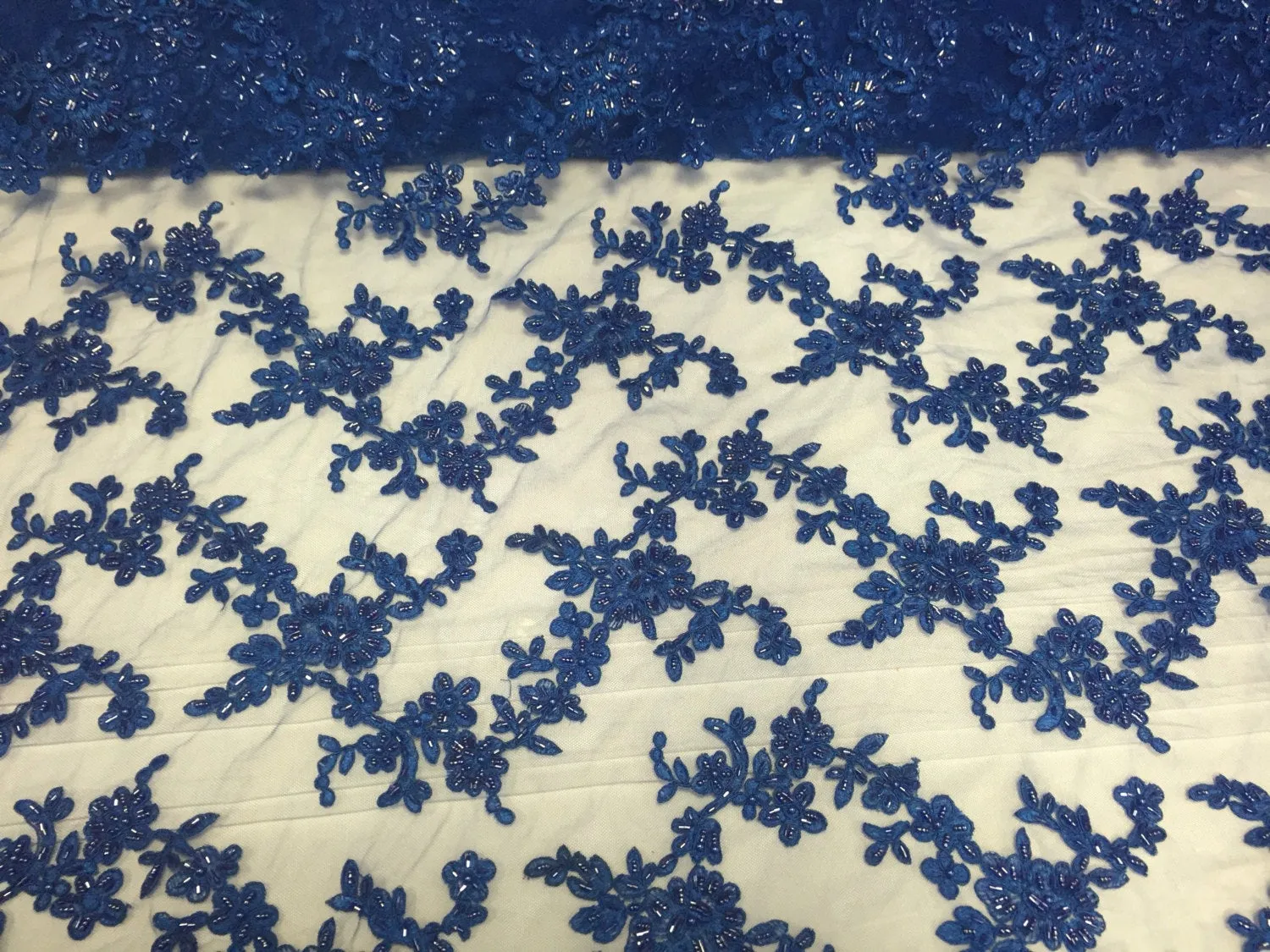 Royal blue flower tiara design embroider and beaded on a mesh lace-prom-nightgown-decorations-dresses-Sold by the yard.
