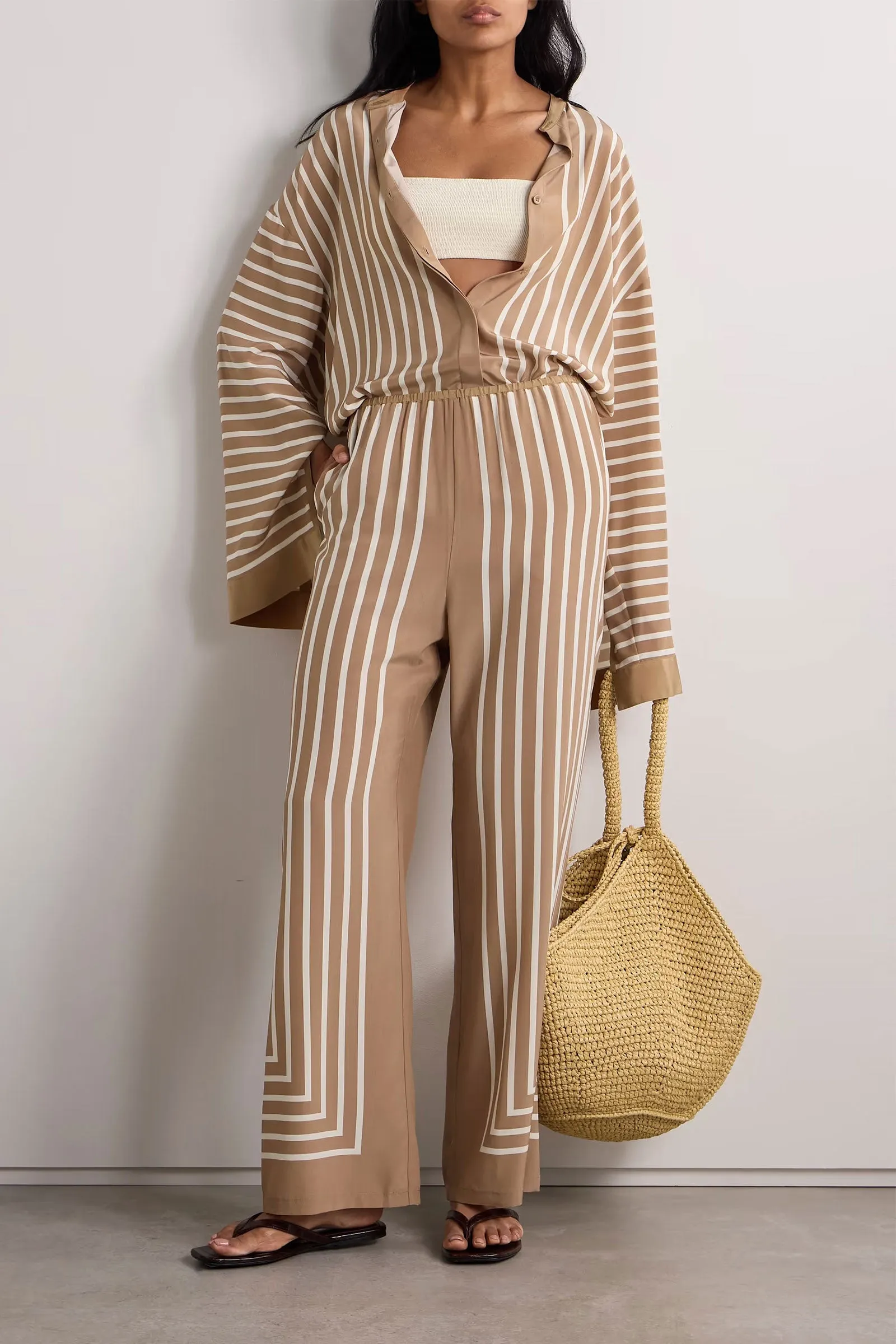 Striped Silk-crepe Wide-leg Pants