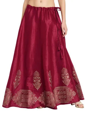 studio rasa Women's Dupion Hand Block Printed Bias Skirt for Festive Party Wedding (Maroon)