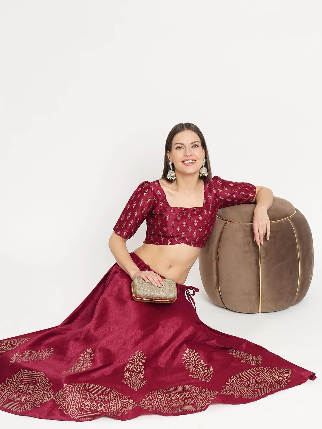 studio rasa Women's Dupion Hand Block Printed Bias Skirt for Festive Party Wedding (Maroon)