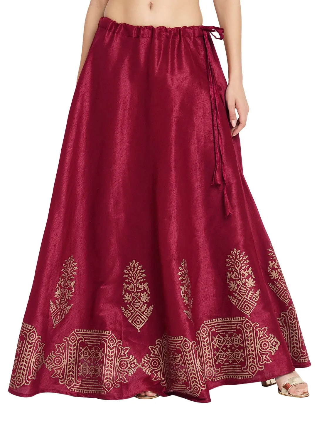 studio rasa Women's Dupion Hand Block Printed Bias Skirt for Festive Party Wedding (Maroon)