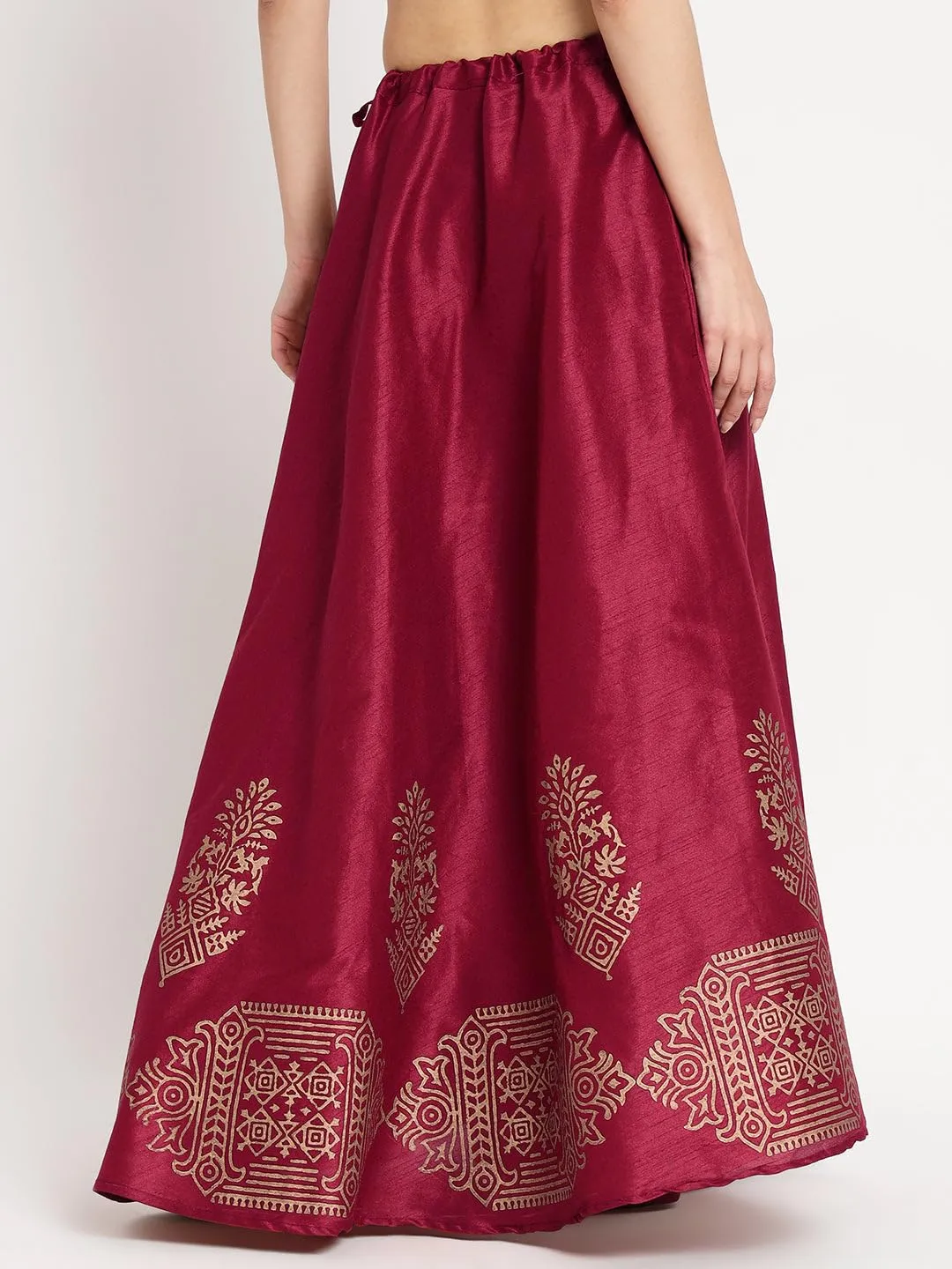 studio rasa Women's Dupion Hand Block Printed Bias Skirt for Festive Party Wedding (Maroon)