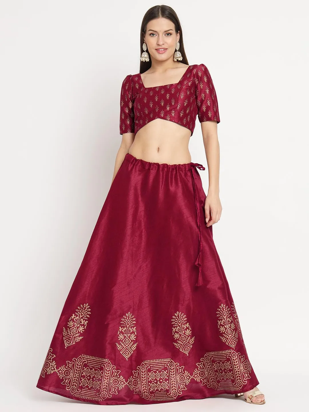 studio rasa Women's Dupion Hand Block Printed Bias Skirt for Festive Party Wedding (Maroon)