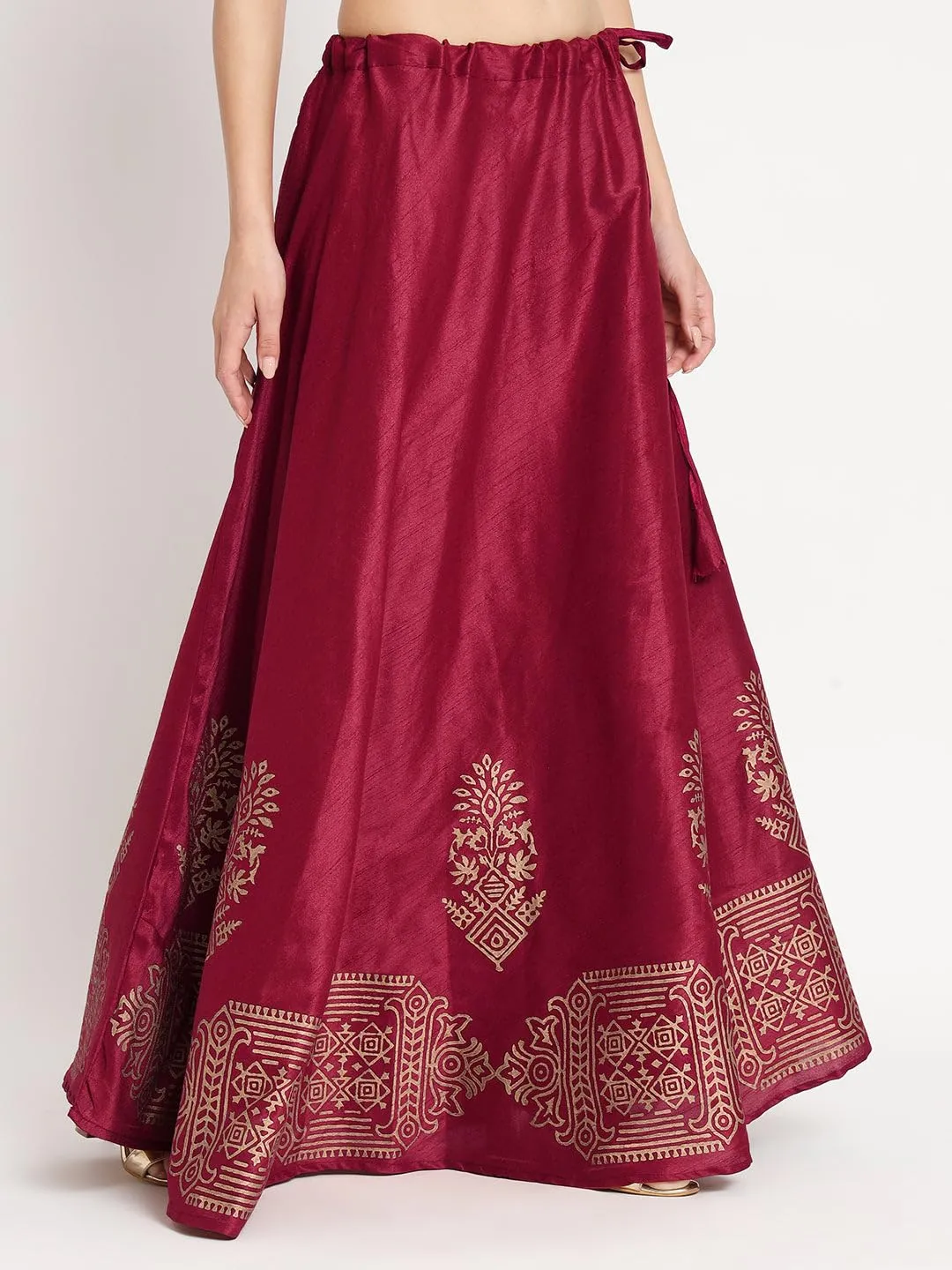 studio rasa Women's Dupion Hand Block Printed Bias Skirt for Festive Party Wedding (Maroon)