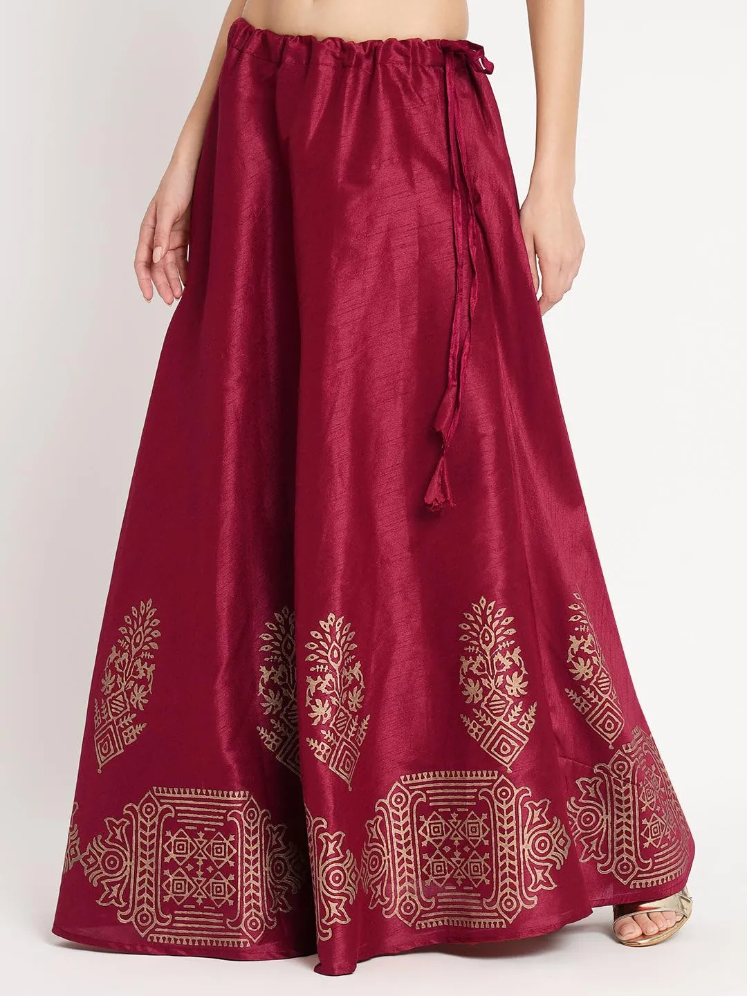studio rasa Women's Dupion Hand Block Printed Bias Skirt for Festive Party Wedding (Maroon)