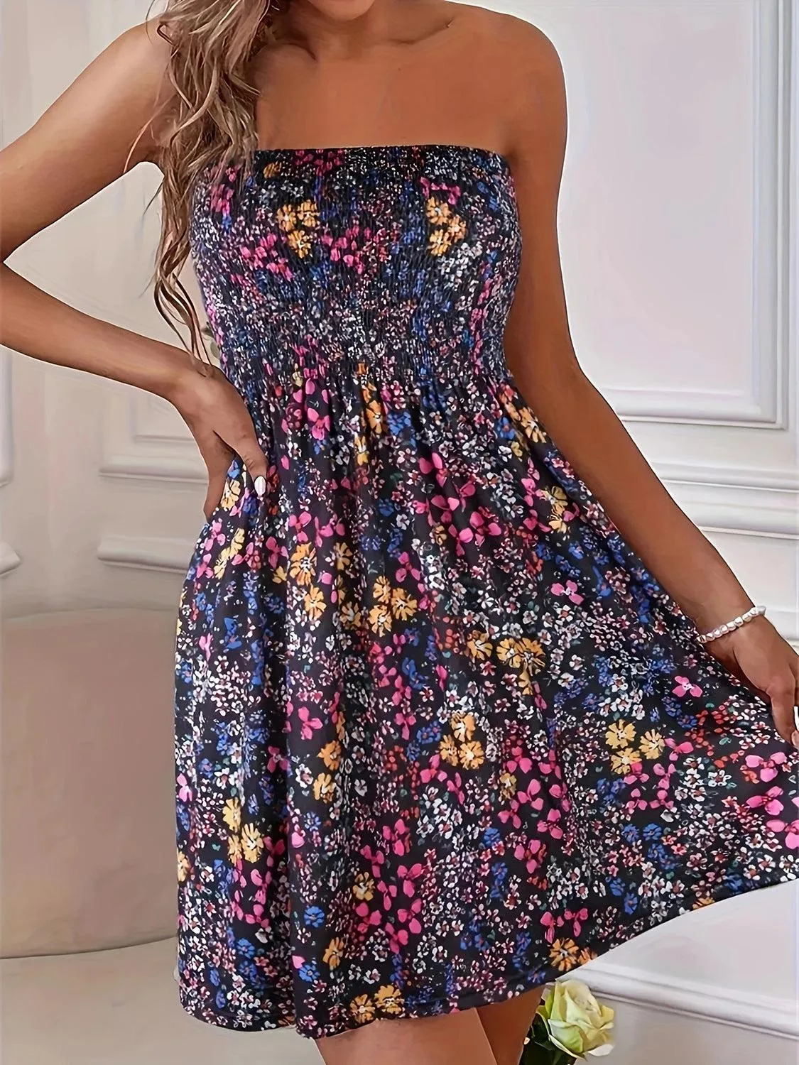 Summer Chic Smocked Floral Tube Mini Dress