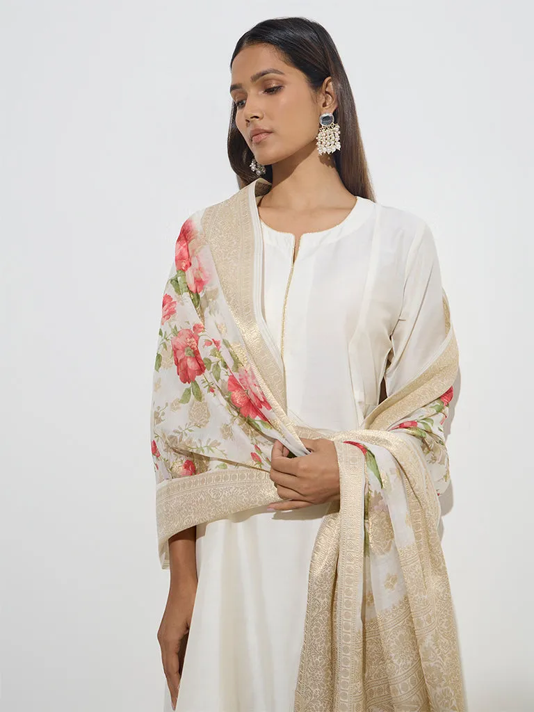 Vark Off-White A-Line Kurta, Pants and Floral Dupatta Set