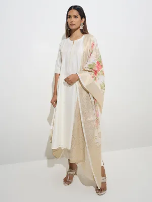 Vark Off-White A-Line Kurta, Pants and Floral Dupatta Set
