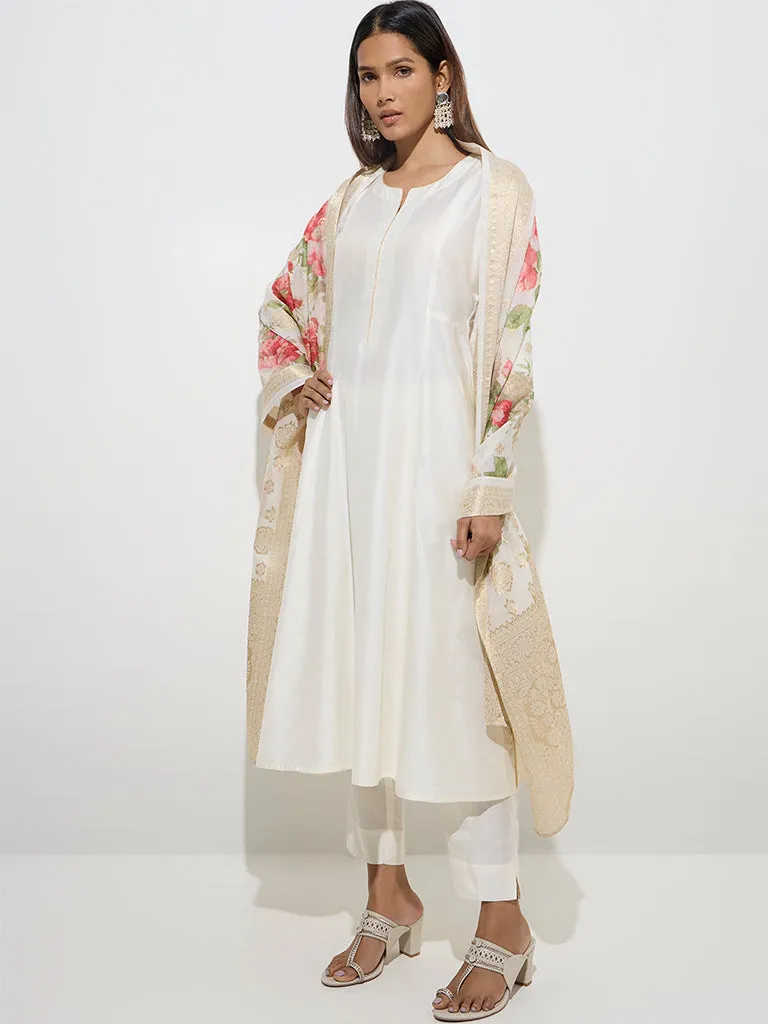 Vark Off-White A-Line Kurta, Pants and Floral Dupatta Set