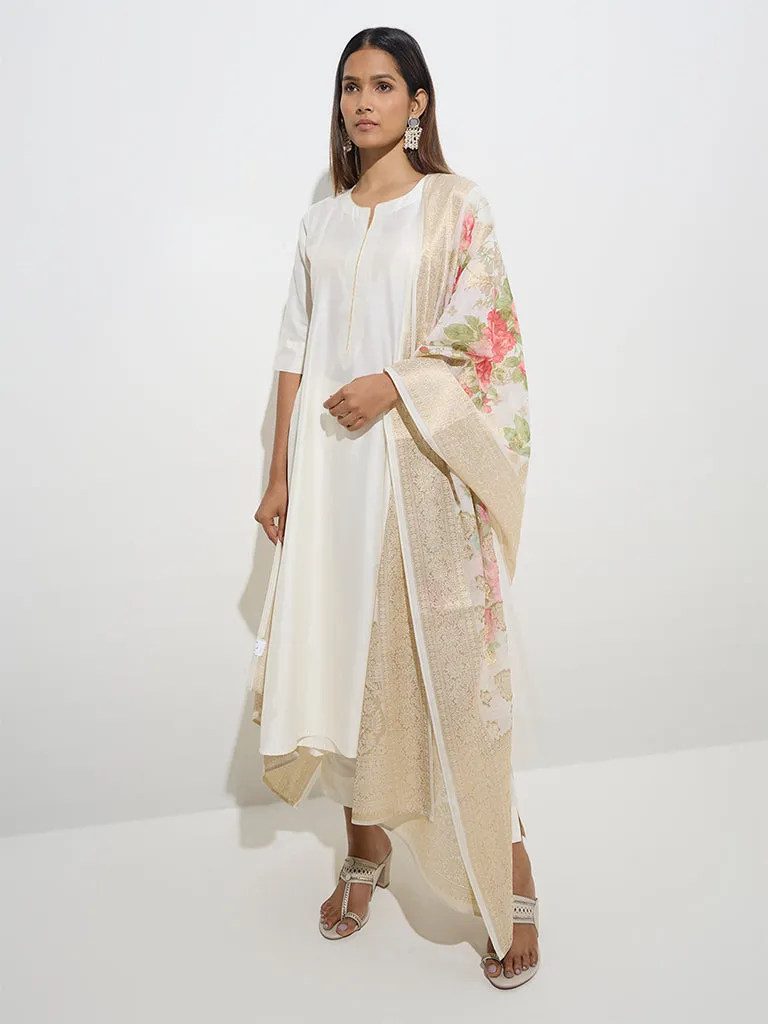 Vark Off-White A-Line Kurta, Pants and Floral Dupatta Set